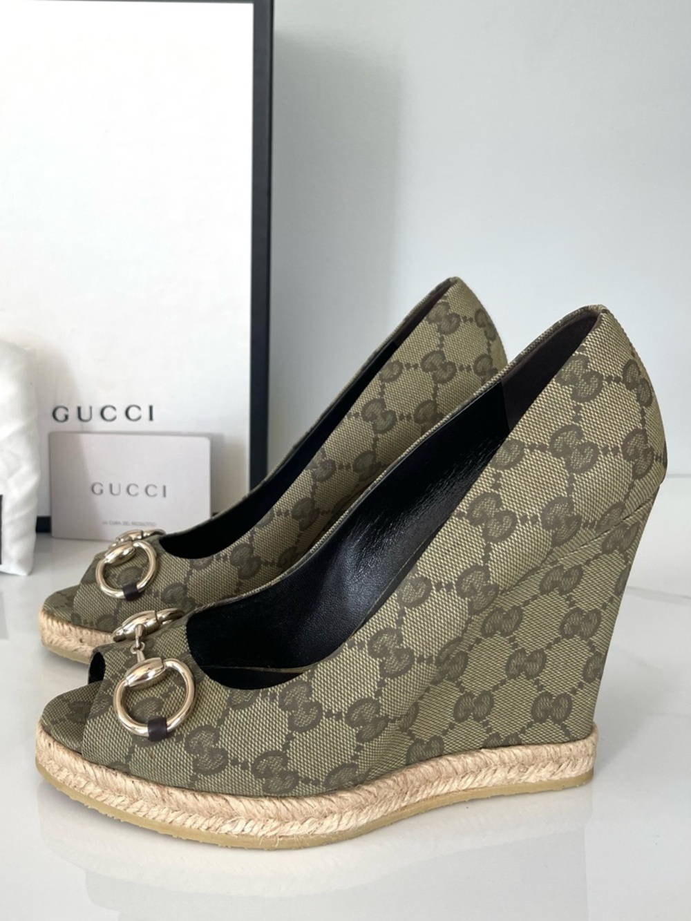 NEW IN BOX GUCCI GG LOGO MONOGRAM WEDGES
